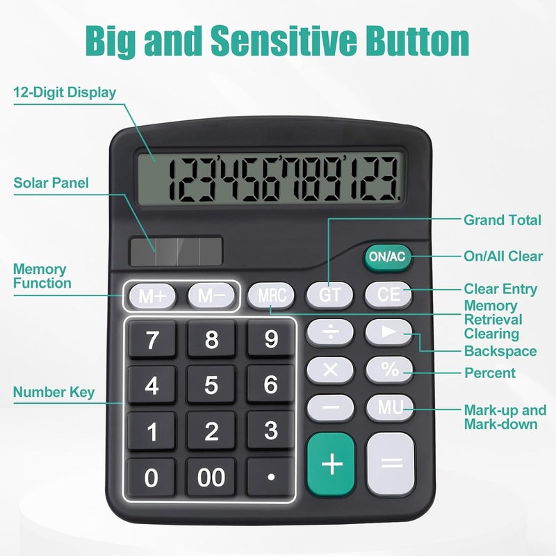HUTUDD Desktop Calculator, Black Calculator Big Buttons, 12-Digits Large LCD Display, Solar and AA Battery Dual Power, Desk Calculators for Office Home School Business Class (Black) - Image 5